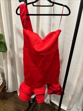 Sleek Red One-Shoulder Ruffle-Hem Dress